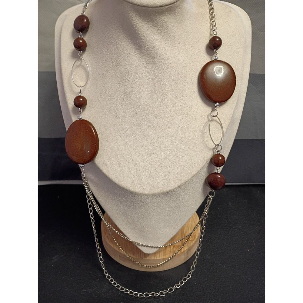 Vintage Lovely Chocolate Brown Chunky and Small Lucite Bead Silvertone Necklace